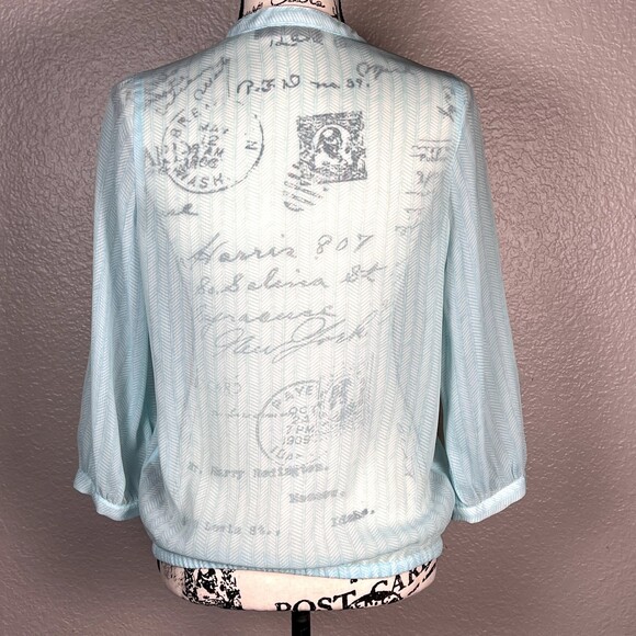 The Limited Sz S Sheer Blouse 3/4 Balloon Sleeve Pale Blue Striped Buttons - Picture 5 of 12